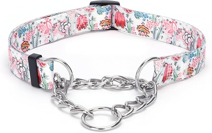 Martingale Dog Collar - Stainless Steel Chain, No Pull Training Collar with Flower Design for Large Medium Small Dogs (S, White1)