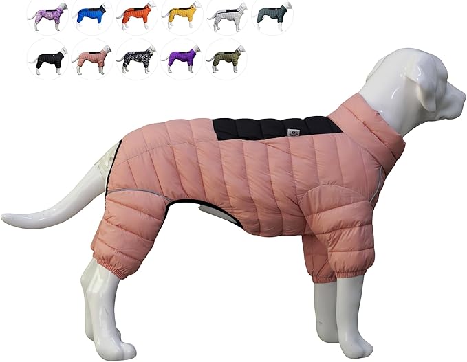 Warm Dog Coat, 4 Legs Covered Waterproof Windproof Reflective Vest, Zippered Adjustable Outdoor Snow Jacket for Small Medium Large Dogs, Lotus Pink M