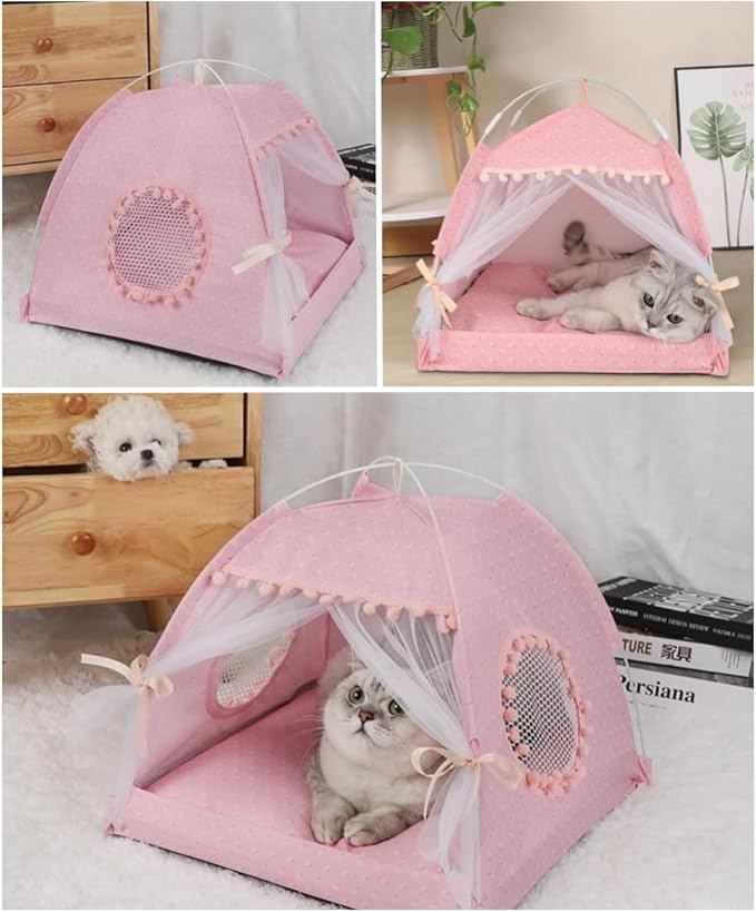 Selena Cat Bed Tents Dog House Indoor Outdoor Lace Mesh Breathable Windows Door Curtains Removable Portable Nest Teepe House (Small,Pink(Flower))