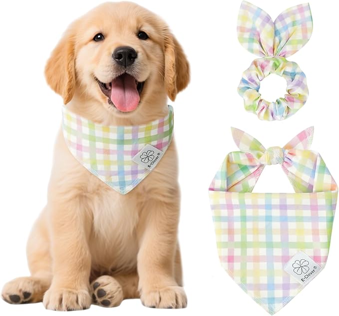 E-Clover Spring Easter Dog Bandanas & Matching Scrunchie Set Cute Girl Dog Scarf Bibs Pet Bandana with Bow Tie for Small Dogs Puppy Owner Mom Colorful Plaid