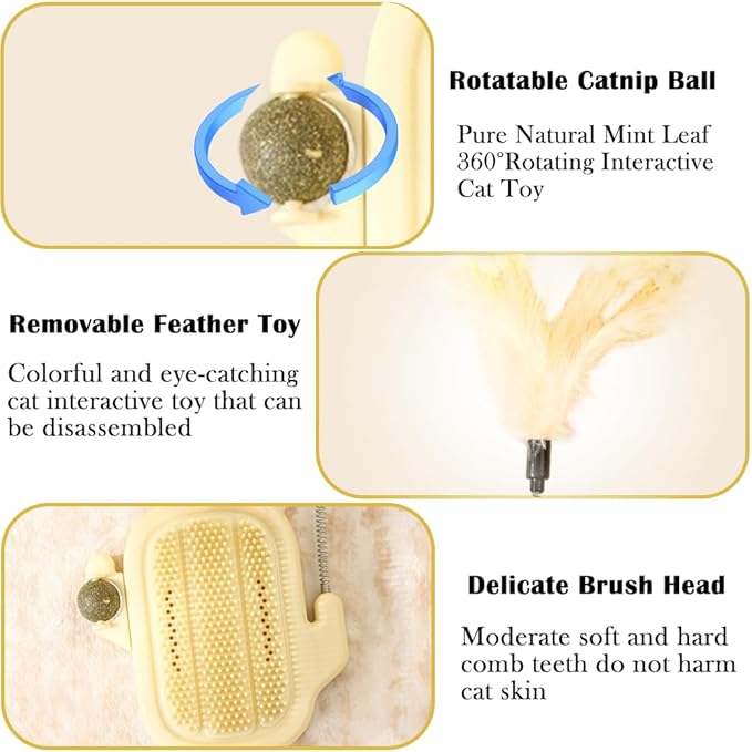 3-in-1 Cat Self Groomer Brush – Wall Corner Cat Scratch Pad with Catnip Ball & Feather Toy, Cactus-Style Wall Brush for Indoor Cats, Cats Massager & Face Scratchers for Fur Pets