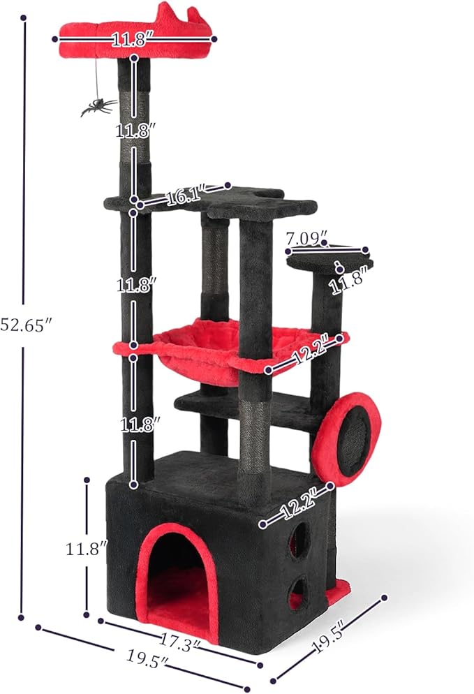 Gothic Halloween Cat Tree Tower, 5-Level Cat Furniture with Scratching Posts, Spider Toy, Condo & Perch for Indoor Cats, Black Red Large Cat Tower