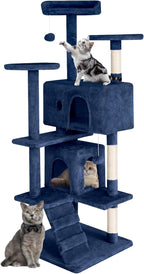 Cat Tree 53 inches Cat Tower for Indoor Cats Cat House with Replaceable and Removable Dangling Ball Cat Trees and Towers with Funny Toys, Navy Blue