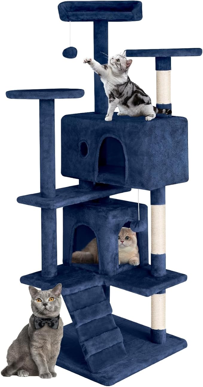 Cat Tree 53 inches Cat Tower for Indoor Cats Cat House with Replaceable and Removable Dangling Ball Cat Trees and Towers with Funny Toys, Navy Blue