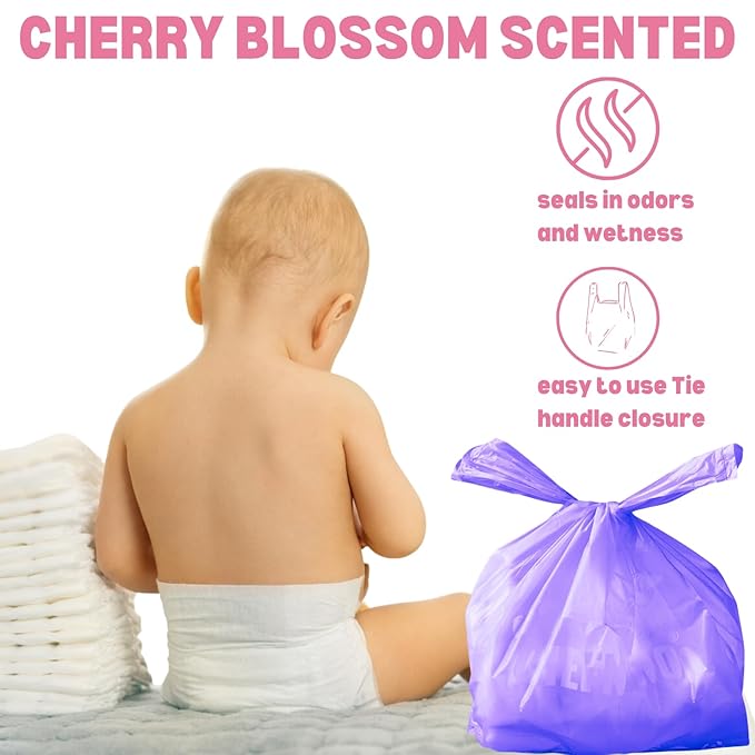 Disposable Diaper Bags (600 ct.) Cherry Blossom Scented Easy Tie Handles Scented Bulk Diaper Sacks Disposable Dog Cat Waste Bags (Cherry Blossom, 600 Bags)