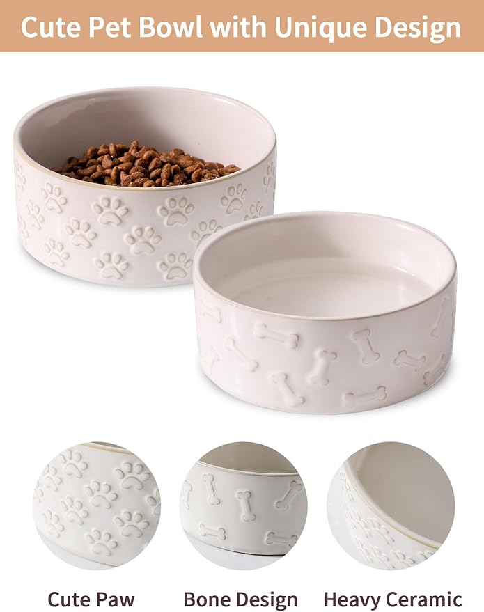 UBEE Ceramic Dog Bowl Set of 2, Dog Food Bowl Dish, Pet Food Water Dish Feeding for Small and Meidum Dogs and Large Cat, White, Paw + Bone Pattern, 6.1 in-Medium