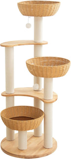 Modern Cat Tree for Large Cats, Wood Cat Tower 3 Condo Perch Heavy DutyBase with Cotton Scratch Post for Indoor Big Cats (90755)