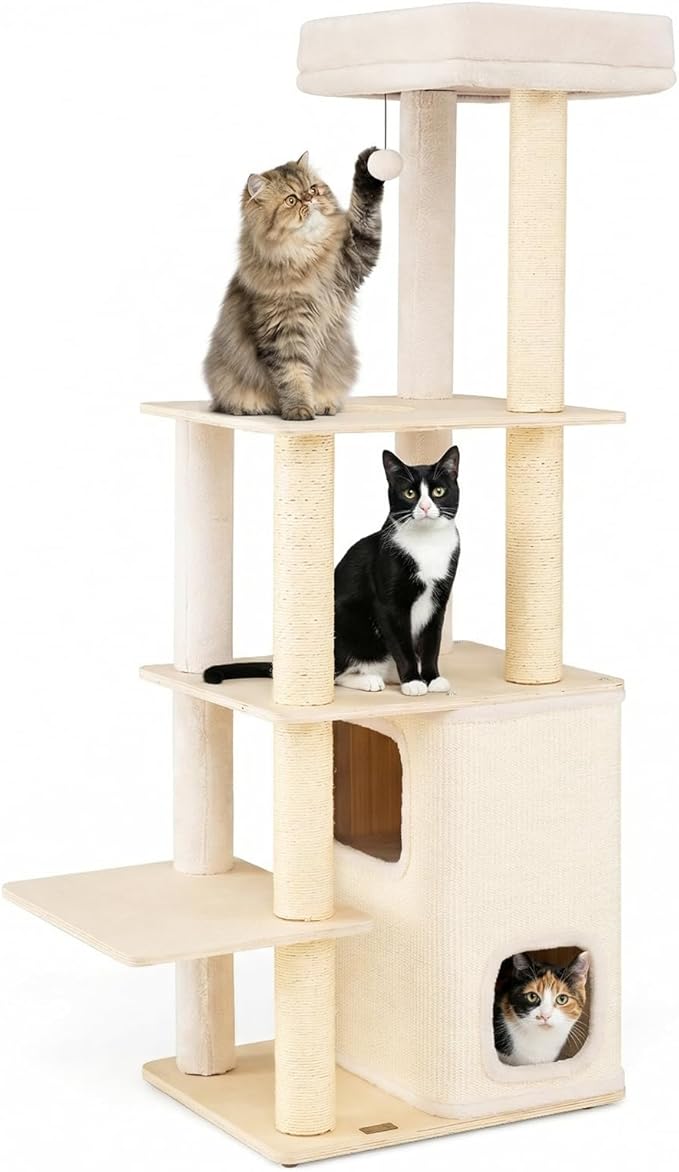 Tangkula Tall Cat Tree, 63 Inch Multi-Level Wood Cat Tower with Sisal Scratching Posts & Mat, 2-Story Condo, Plush Padded Top Perch, Dangling Ball, Modern Cat Tree Tower for Indoor Cats Large Adult