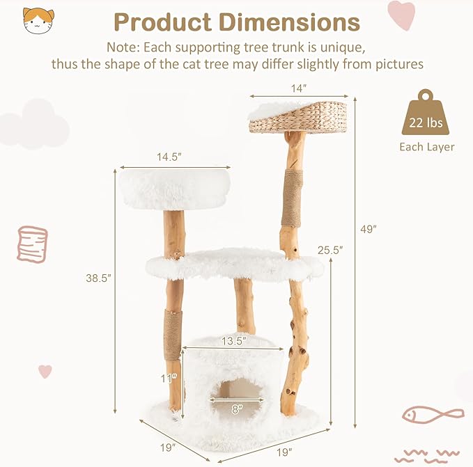 PETSITE 49-inch Cat Tree for Indoor Cats, Cute Solid Wood Modern Multi-Level Cat Tower with Scratching Posts, Top Cattail Basket Cat Bed, Side Perch, Large Platform, and Condo (White)