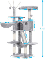 Hey-brother Cat Tree, 53 inch Cat Tower for Indoor Cats, Cat House with Padded Platform Bed, Toy Balls, Large Cozy Condo, Hammocks and Sisal Scratching Posts, Light Gray MPJ019-SW