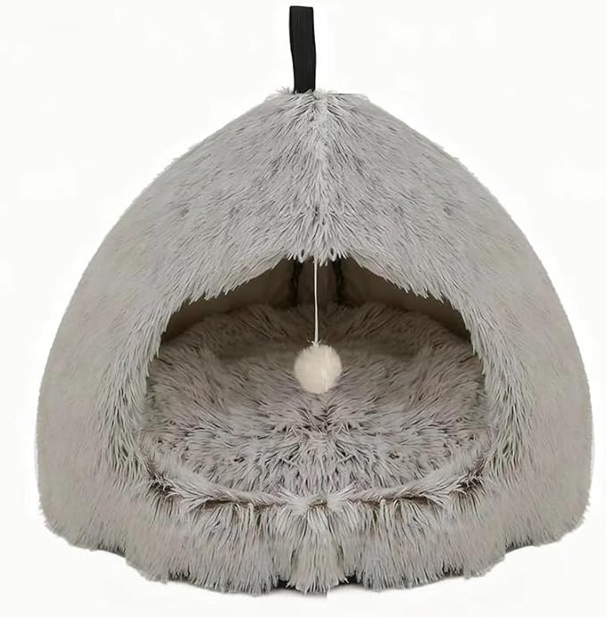 Hezotco Large Cat Bed for Indoor Cats, Soft Fluff Indoor Dog Cave Bed& Cat Cave for Small Dogs. Pet Cave for Puppy with Cat Teasing Ball 22.8"*18.5"*22.8"(Coffee+White)