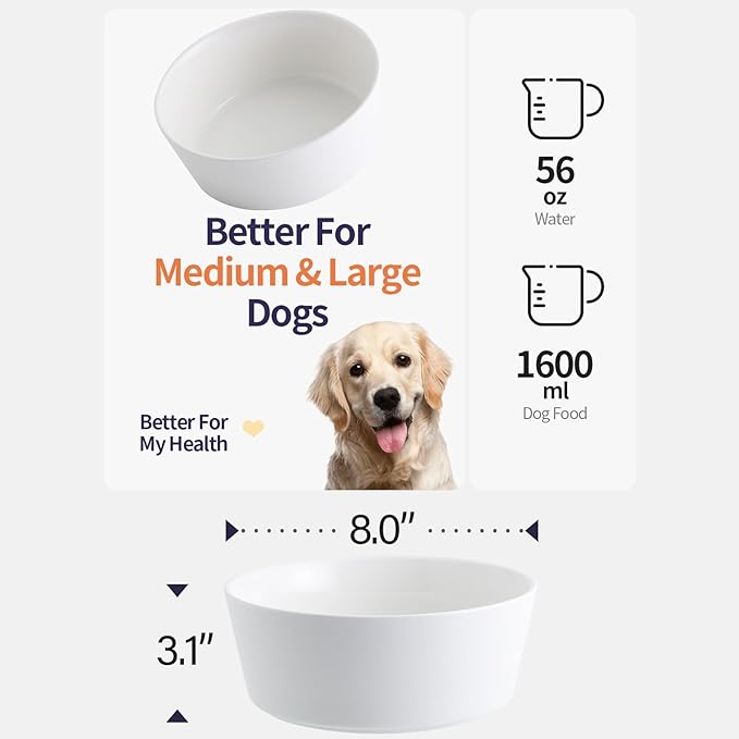 White Elevated/Raised Dog Bowl Ceramic with Wood Stand for Medium Large Breed,Dog Food Water Dish Heavy Wighted,8 in Non Slip Modern Cute Porcelain Pet Bowl Extra Large Wide Mouth