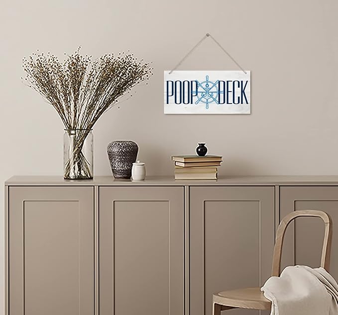 Nautical Style Wood Decor Sign, Poop Deck, Hanging Printed Wooden Plaque Décor, Rustic Wall Decor Indoor or Outdoor, Home Décor Sign for Nursery, Artistic Wall Sign for Beach Bathroom Hostel 12x6 inch
