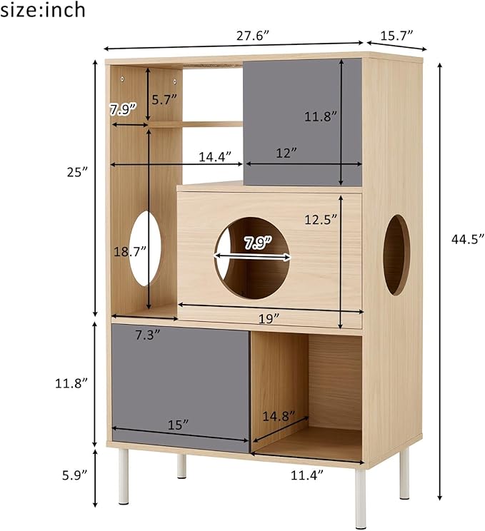 Modern Cat Tree Furniture with Shelves and Storage, 44.5" Tall Cat House Condo Bookcase Cabinet, Indoor Pet Tower with 3 Hideaway Cubes for Living Room