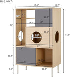 Modern Cat Tree Furniture with Shelves and Storage, 44.5" Tall Cat House Condo Bookcase Cabinet, Indoor Pet Tower with 3 Hideaway Cubes for Living Room