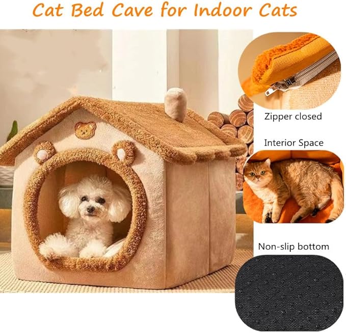 Cat Beds for Indoor Cats, Cute Bear Shape Cat Bed Cave, Pet House Cats Tent with Removable Cushion Pillow for Kittens Puppy Small Dogs (Brown, M-18 * 14.6 * 15.7in)