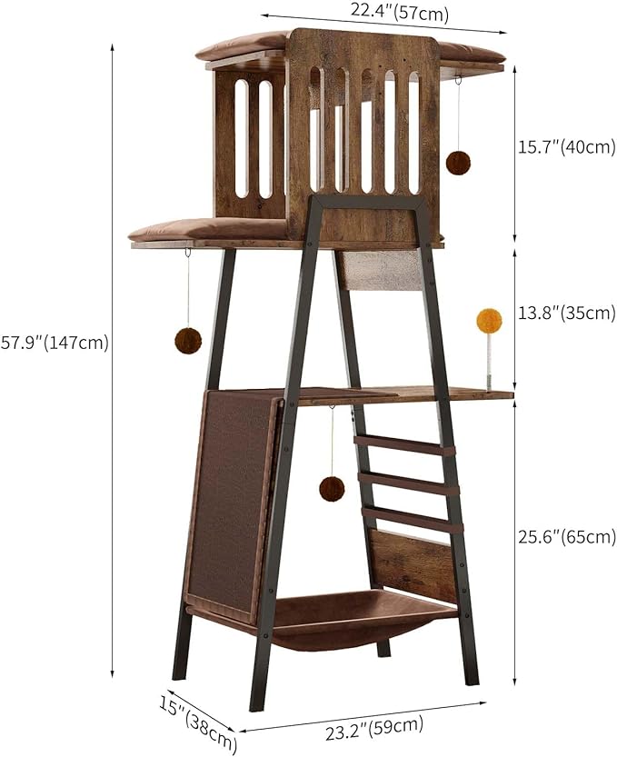 58-Inch Outdoor Cat Tower Metal, Large Cat Tower Platform, Modern Cats Tree with Scratching Board & Removable Pads, Cats Furniture for Indoor Cats, Large Perch Hammock