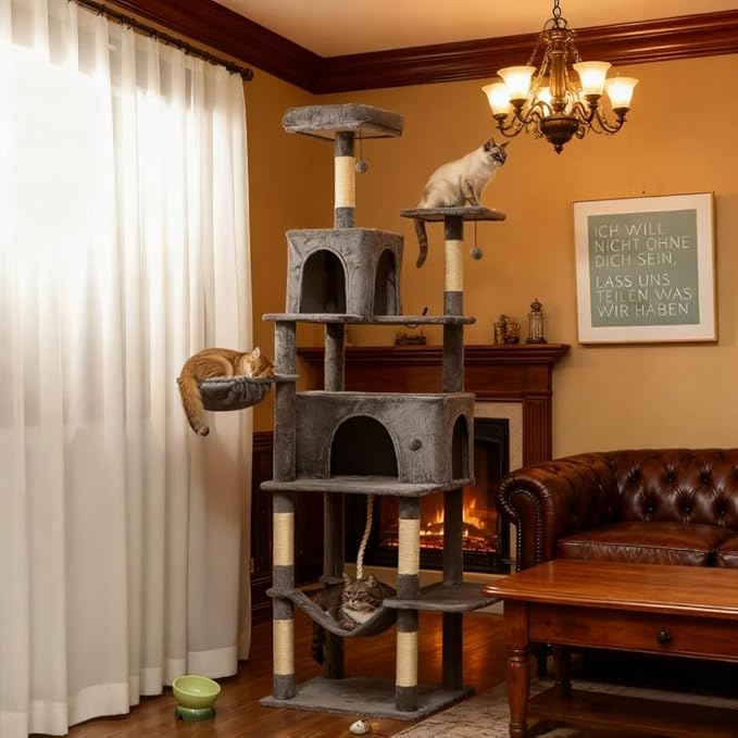 80" Tall Cat Tree Multi-Level Cat Tower for Indoor Cats with Cat Condo, Hanging Basket, Sisal Scratching Posts, Plush Balls and Hammock for Small Large Cats (Dark Gray1)