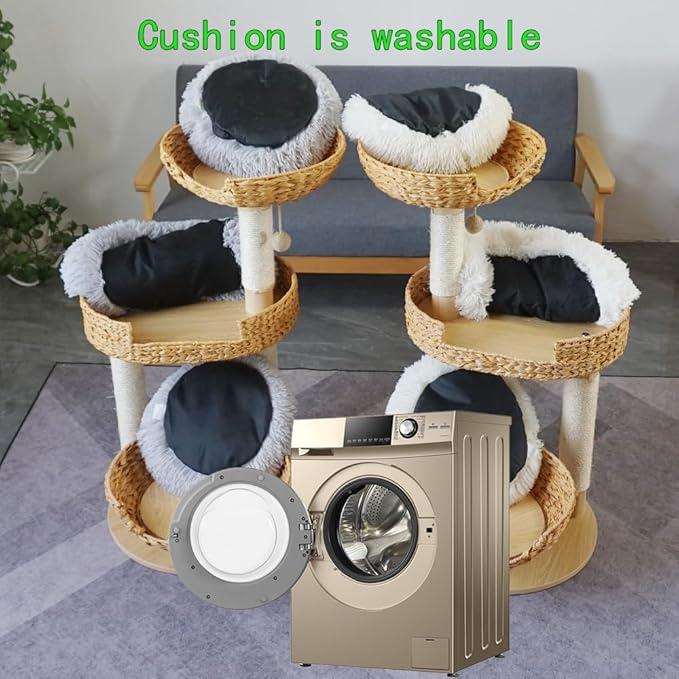 Cat Tree 39 Inches Cat Tower with Sisal Covered Scratching Real Wood Post, Handwoven PE Rattan 3 Baskets perches with Cozy Cushion, Cat Climbing, Cat Scratching Post (White Cushion)