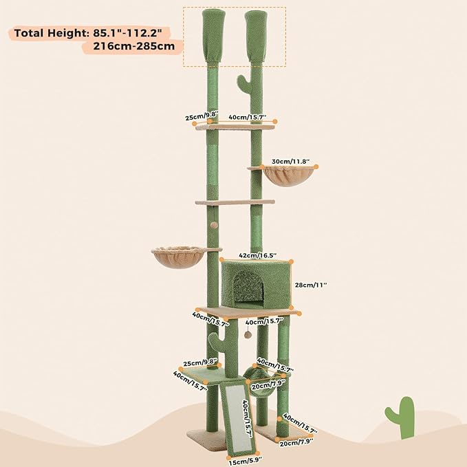 PAWZ Road Cactus Cat Tree, Floor to Ceiling Cat Tower with Adjustable Height(85-112 Inches), 7 Tiers Cat Climbing Tree with Cozy Hammocks and Condos, 5 Platforms, Scratching Posts for Indoor Cats