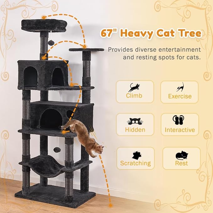 Heavy Duty Cat Tree,67in Multi-Layered Tall Cat Tower for Indoor Large Adult Cats,XL Compact Cat Stand with Hammock,Sisal Scratching Post,Removable Plush Perch,Condo,Dark Gray (Black)