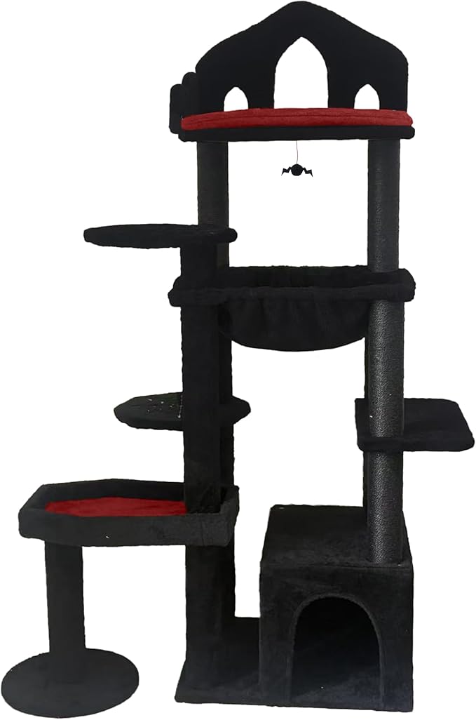 Gothic Cat Tree Tower 58" - Spooky Cat Condo with Throne Bed, Hanging Bat, Sisal Scratching Posts & Multi - Level Platforms, Elegant Black Cat Furniture for Indoor Cats