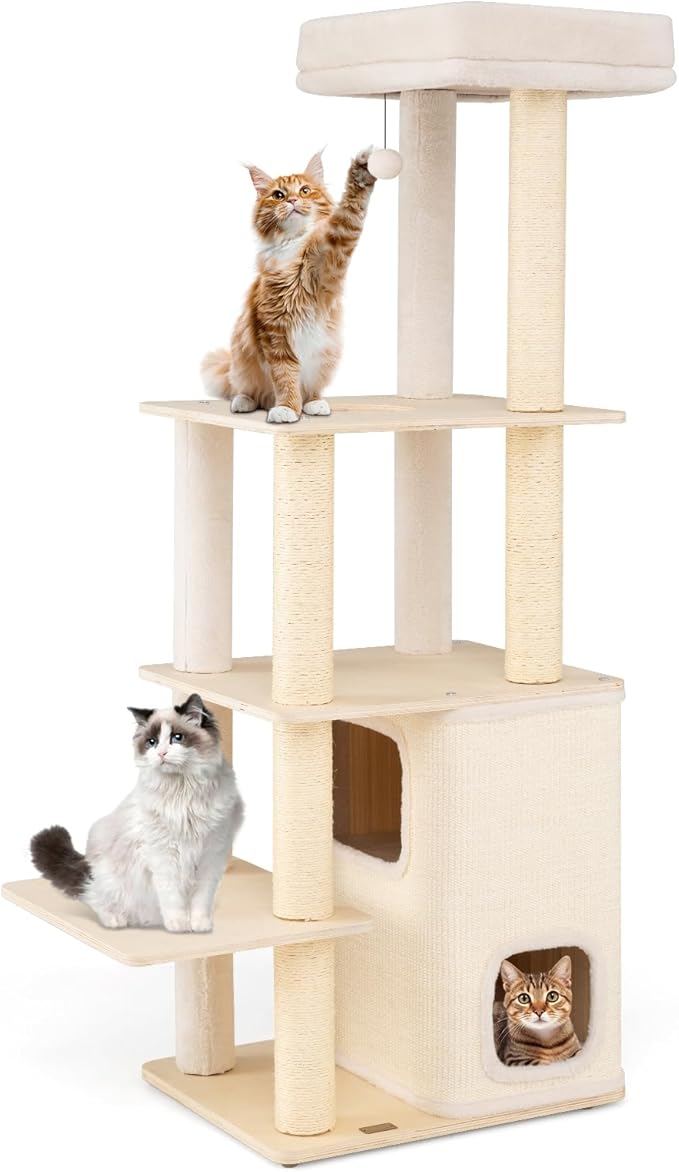 PETSITE 63 Inches Wooden Cat Tree, Multi-Level Modern Cat Tree with Sisal Scratching Posts, Two-Story Condo Covered with Sisal Exterior, Dangling Ball, Large Top Perch, and Playful Hole
