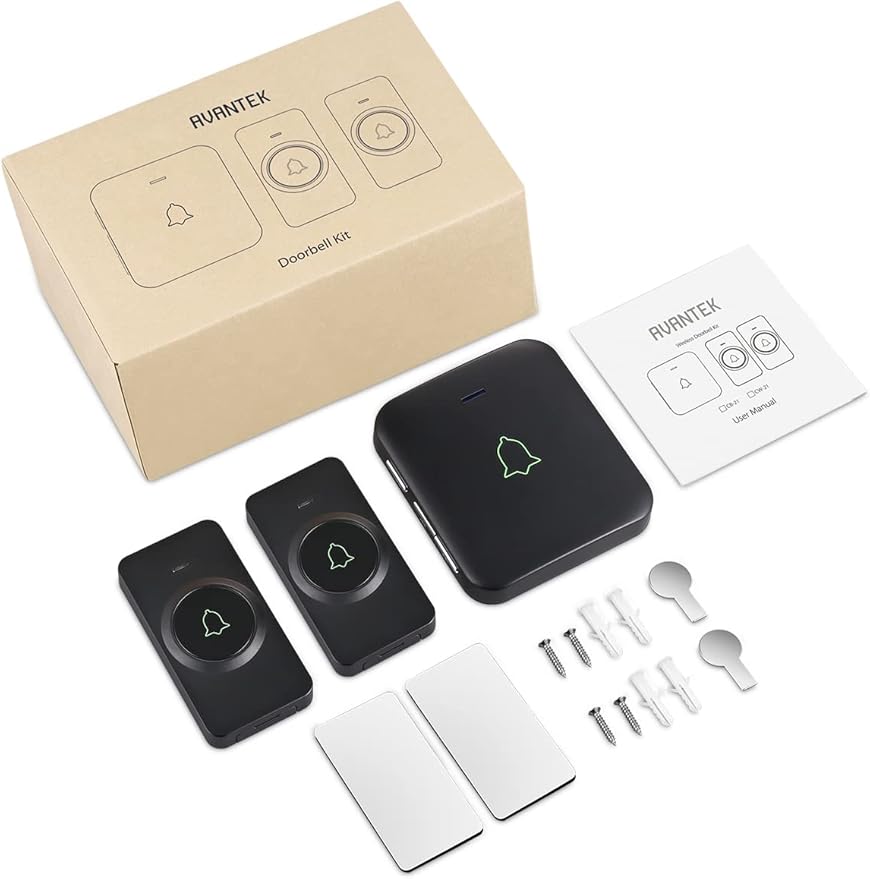 AVANTEK Wireless Door Bell, CB-21 Mini Waterproof Wireless Doorbell Operating at Over 1000 Feet, 2 Remote Buttons Can Have Different Tones, 52 Melodies, CD Quality Sound and LED Flash