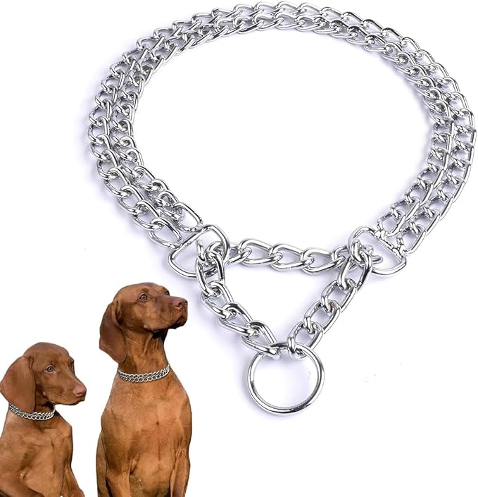 Dog Chain Collar Metal Martingale Collar Anti Chew Training Collars Chew Proof Dog Slip Collar Chrome Plated Double Link Dog Collar for Small Medium Dogs (Silver, Medium(Neck 16-21''))