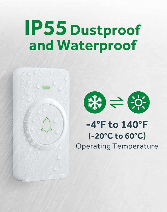 AVANTEK Wireless Door Bell, CW-12 Mini Waterproof Doorbell Chime Operating at 1000 Feet with 52 Melodies, 5 Volume Levels & LED Flash