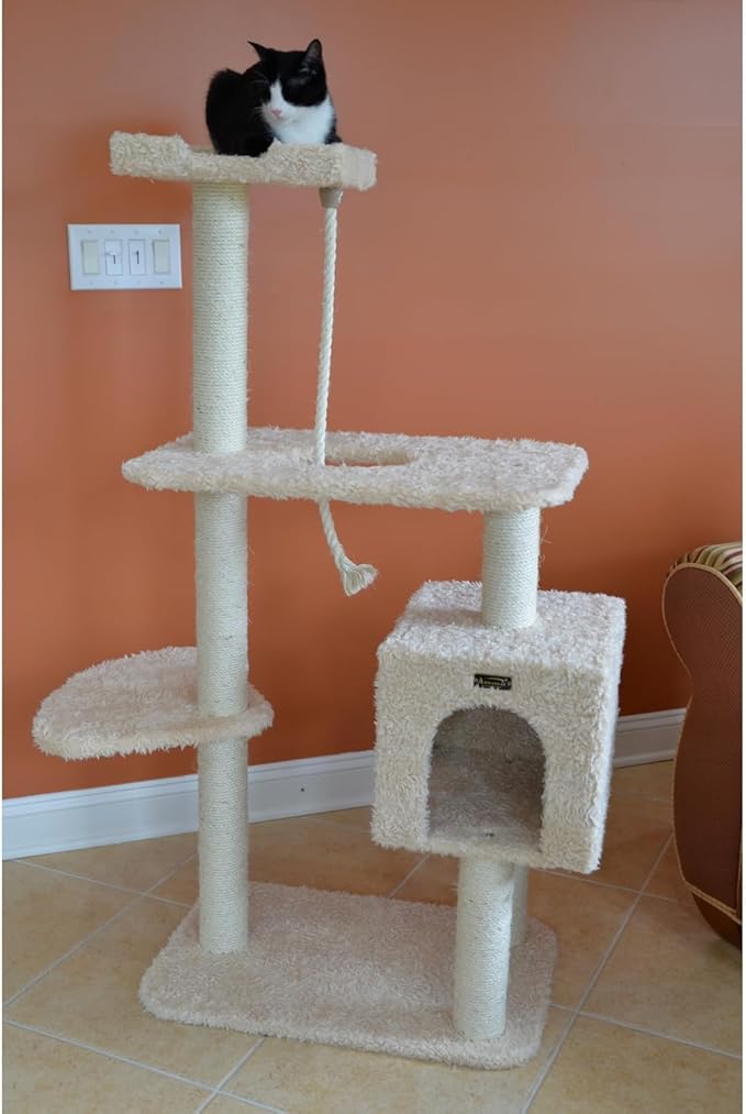 Cat Tree - Beige Faux Fur - 40" Tall - Playhouse, Ramp & Perch - 40 lb Weight Capacity