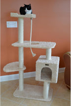 Cat Tree - Beige Faux Fur - 40" Tall - Playhouse, Ramp & Perch - 40 lb Weight Capacity