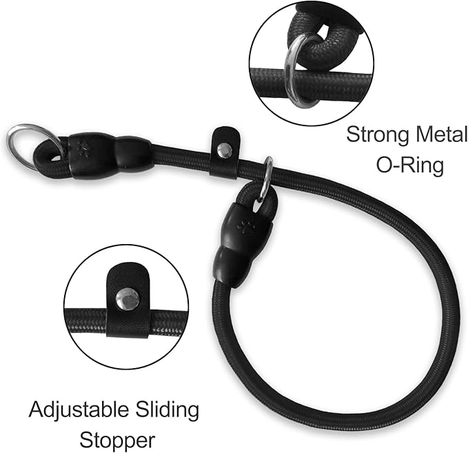 Slip Collar, Dog Choker Collar, Nylon Dog Training Collar with Slidable Stopper No Pull Dog Collars Martingale Collars for Small Medium Large Dogs, Black, S