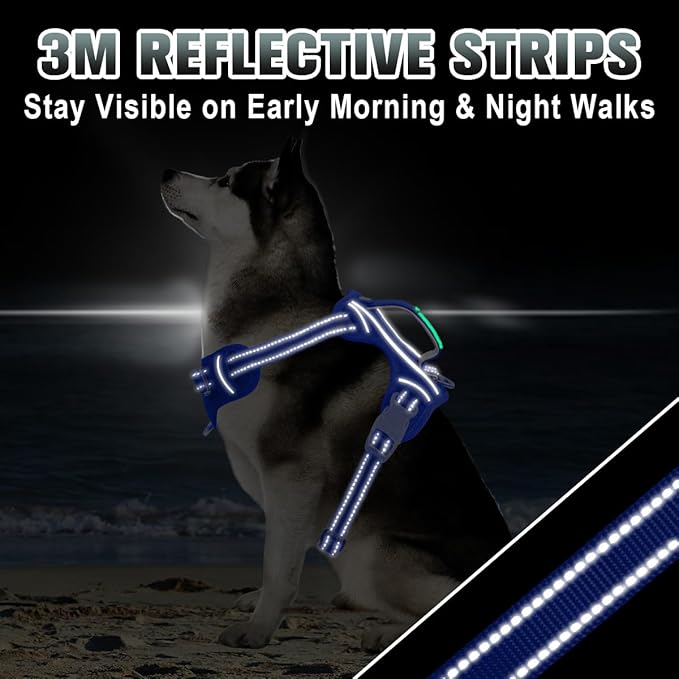 BARKBAY No Pull Dog Harness Large Reflective Dog Harness with Front Clip and Easy Control Handle for Walking Training Running with ID tag Pocket(Sapphire Blue,L)
