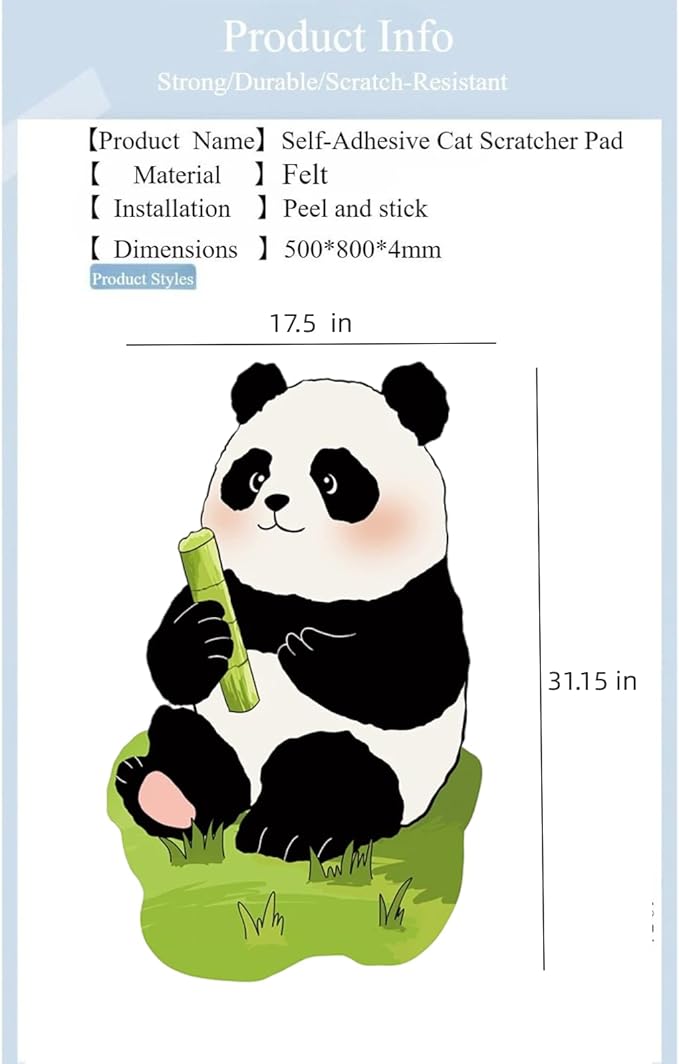 Wall-Mounted Cat Scratcher, 2025 Upgraded Indoor Cat Wall Scratcher — Self-Adhesive Double-Sided Tape, Trimable Scratching Surface, Suitable for Walls/Sofas/Floors (IncludesToy) (Panda)
