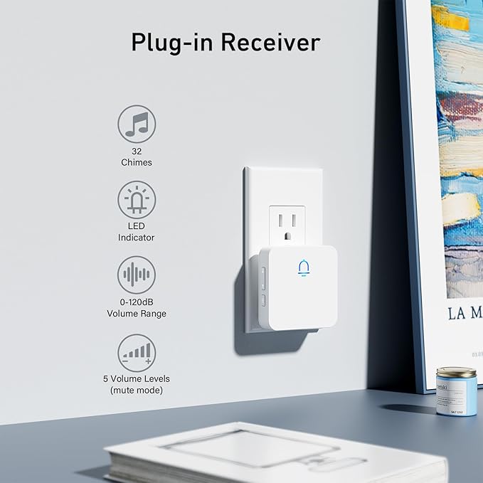 Wireless Doorbell with 1000ft Range, Adjustable Volume, Waterproof Design, Hassle-Free Installation, 32 Melodies, White （1 Receiver+1 Button）