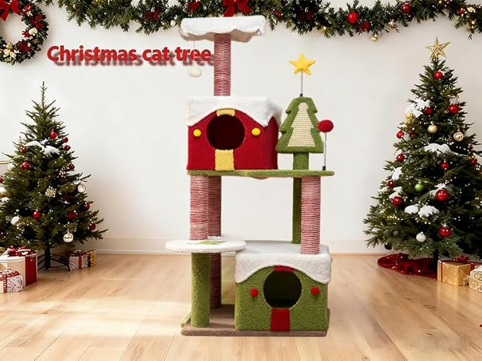 Christmas Cat Tree Tower for Indoor Cats, Holiday Themed Cat Furniture with Cozy Hideaways & Sisal Scratching Posts, Multi-Level Playground for Climbing and Napping (54''-AA)