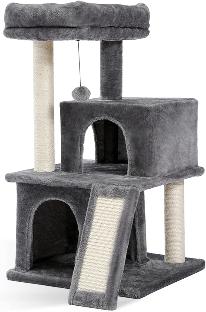 33.8 Inch Large Cat Tree Condo with Sisal Scratching Posts Perches Houses, Double Room Cat Tower Furniture Kitty Activity Center Kitten Play House (Grey2)