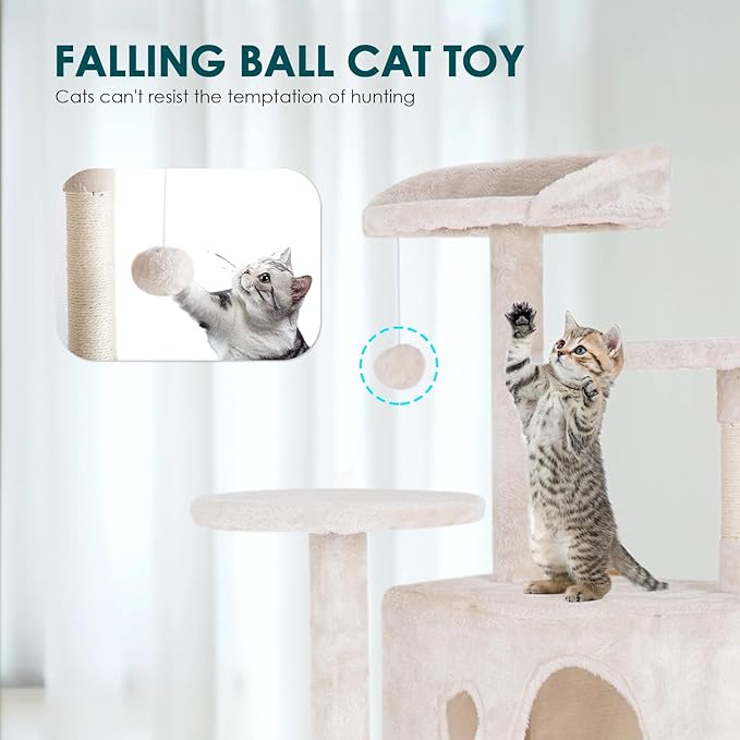 Cat Tree 53 inches Cat Tower for Indoor Cats Cat House with Replaceable and Removable Dangling Ball Cat Trees and Towers with Funny Toys, Beige