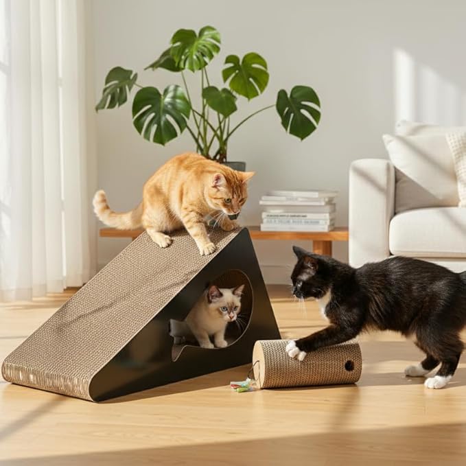 2-in-1 Set: 9.45" 6-Sided Cat Scratcher Post for Indoor Cats, Reversible Triangle Cardboard Scratching Pad with Bonus Small Scratch Pad, Durable Furniture Protector for Kittens & Senior Cats