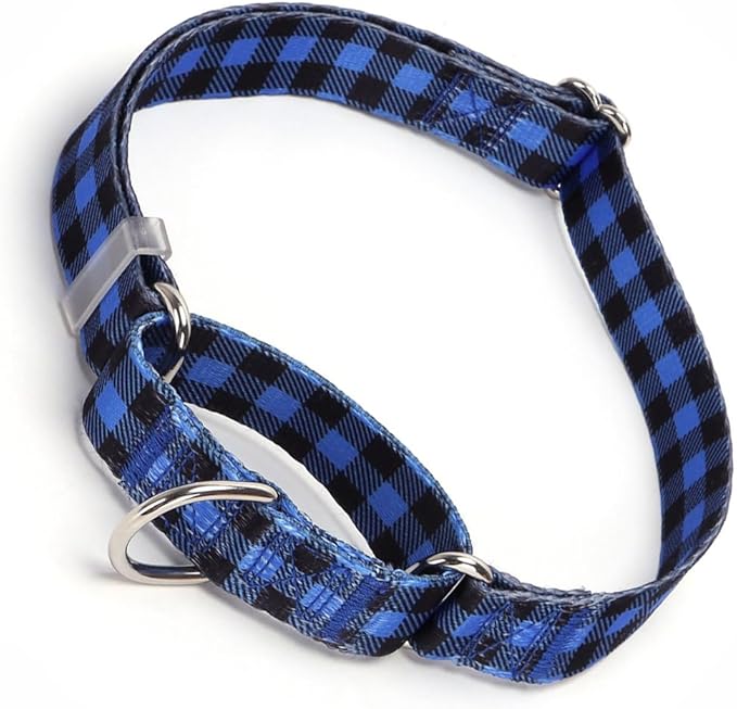 Blue Plaid Print Martingale Collars for Dogs, No-Slip Escape Proof Choke No Pull Soft Nylon Training Dog Collars for Small Medium Large Breed Pet Dogs, L