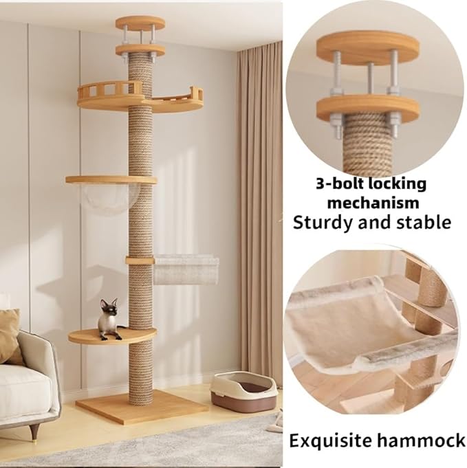 Sturdy Floor to Ceiling Cat Tree - Heavy Duty Solid Wood Column Cat Tower Adjustable Height 6-9.5ft Tall Cat Tower for Large Cats Modern Cat Activity Tree for Indoor Cats
