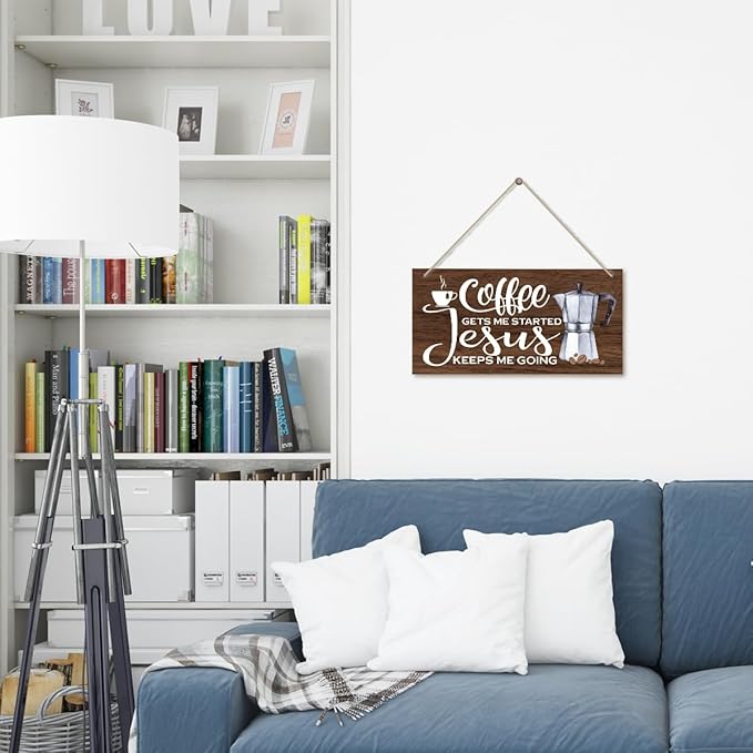 K1 Hanging Wooden Plaque Decor - Jesus Keeps Me Going, Coffee Bar Sign, Rustic Farmhouse Kitchen Wall Decor, 12x6 inch