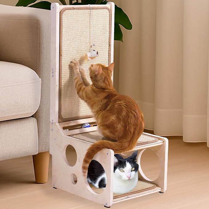 L Shaped Cat Scratching Post with Toy – Sisal Scratch Pad & Hideaway for Indoor Cats | 33'" Vertical & Horizontal No Mess Scratching Ramp for Large Cats – MANDAROO