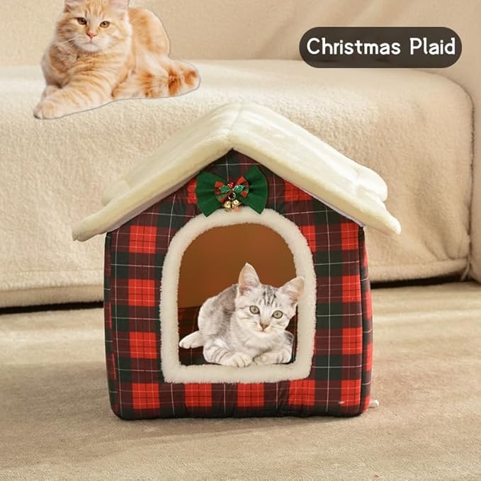 Cat Bed Cave, Cute Christmas Plaid Cat Beds for Indoor Cats, Pet House Cats Tent with Removable Cushion Pillow for Kittens Puppy Small Dogs (Plaid-L(20.4 * 16.9 * 19.6in))