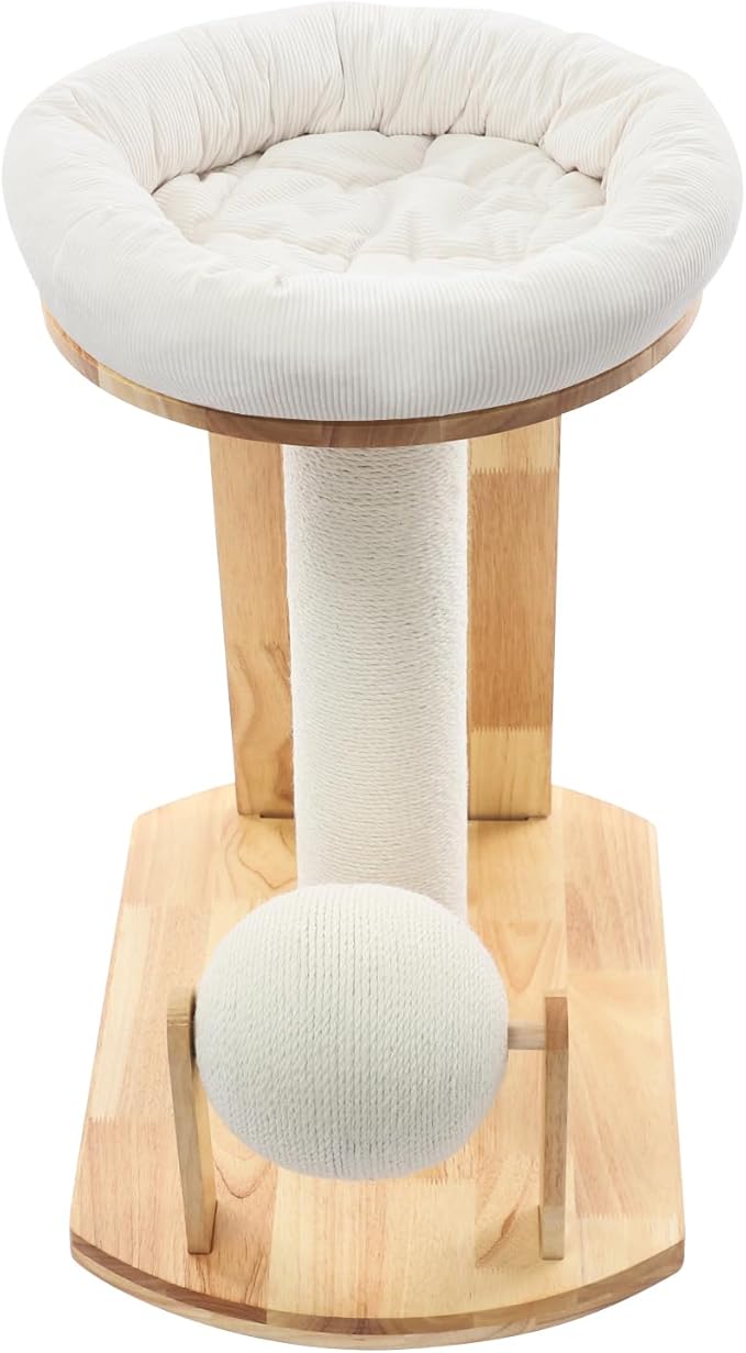 Wooden Cat Tree with Cuddle Bed and Scratching Posts, Multi-Level Cat Tower with Ramp and Ball, Compact Cat Furniture for Indoor Cats, Rubberwood Sisal Cat Climber for Small Spaces ﻿ (Style 1)