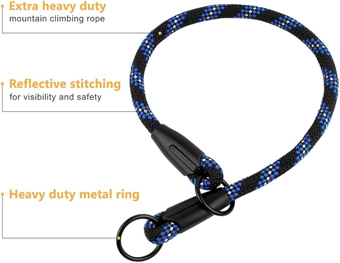 BronzeDog Rope Pro Training Dog Collar Braided No Pull Quick Release Round Lead Collars for Dogs Small Medium Large Puppy (XS - 15.7" Long, Blue)