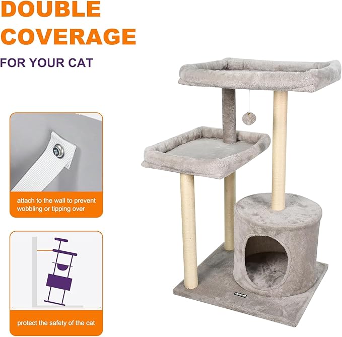 42-in Heavy-Duty Cat Tree for Large Cats, Multi-Level Tower with Sisal Scratching Posts, Plush Perch, Hammock & Condo Anti-Tip Design