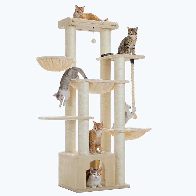 PETEPELA 67" XXL Cat Tree for Large Cats up to 25 lbs, Heavy Duty Cat Tower w/13 Extra-Thick Sisal Scratching Posts [φ4.3”], Cat Furniture with Metal Frame Hammock & XL Condo for Maine Coon, Beige