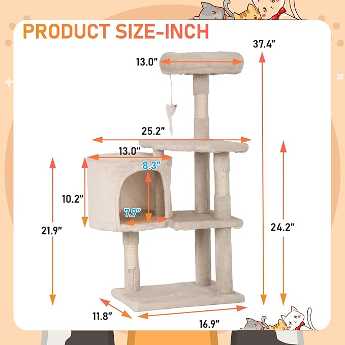‌Dopinmin 36" Winter Cat Tree - Plush Multi-Level Indoor Cat Tower with Sisal Scratching Posts & Ramp Plush Condo for Kittens,Beige